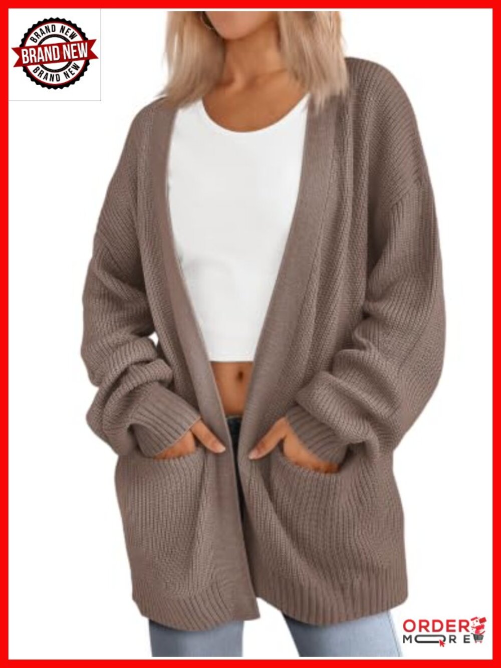 Oversized Knit Cardigan Sweater with Pockets Open Front Long Sleeve